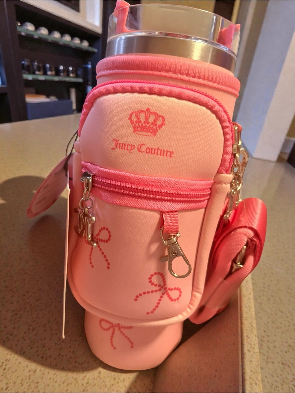 Juicy Couture Pink Mini Neoprene Bottle Bag with Bow Accents& Stainless Tumblr